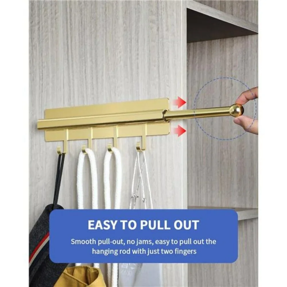 Gold Adhesive Closet Valet Rod 12 Inch Pull Out Clothes Hanger with Hooks Storag